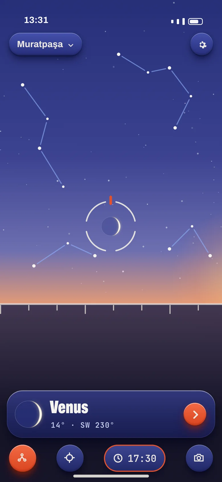 Nightpiece AR sky at dusk: constellation lines, a horizon glow and a crescent Venus locked on with a ring