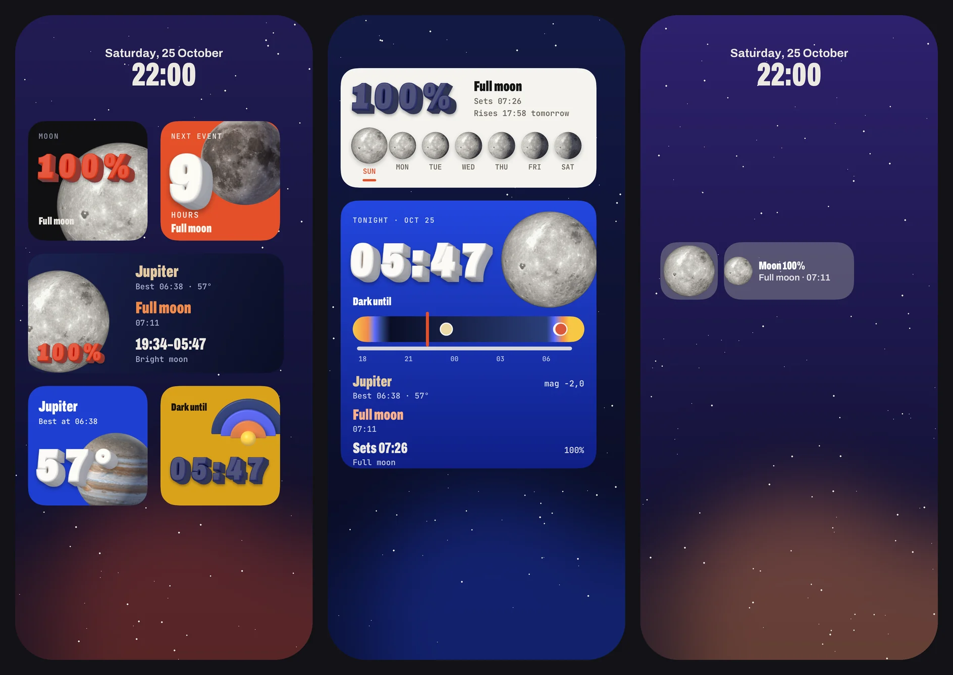 Nightpiece widgets on an iPhone: Moon, Next event, Tonight, Jupiter and a Dark until widget on the Home Screen, a week of moons, a Tonight widget with a dark-sky bar, and Lock Screen widgets