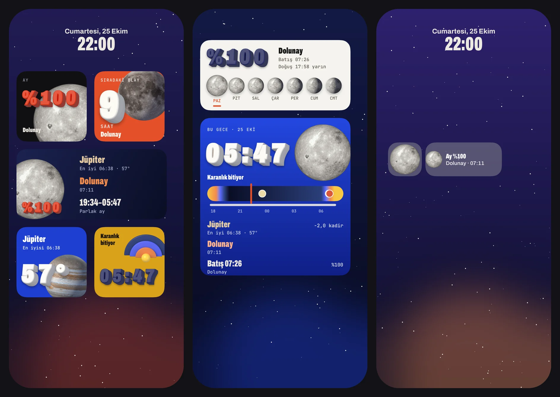 iPhone üzerinde Nightpiece widget'ları: Ay, Sıradaki olay, Bu gece, Jüpiter ve Karanlık bitiyor widget'ları, haftalık ay evreleri, karanlık gökyüzü çubuklu Bu gece widget'ı ve kilit ekranı widget'ları